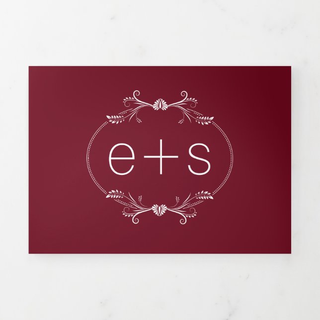 Invitation Trois Volets Cadre blanc et initiales monogramme mariage bordea (Page de couverture)