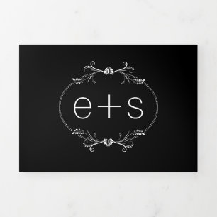 Invitation Trois Volets Cadre blanc et initiales monogramme mariage noir