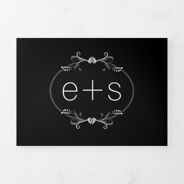 Invitation Trois Volets Cadre blanc et initiales monogramme mariage noir (Page de couverture)