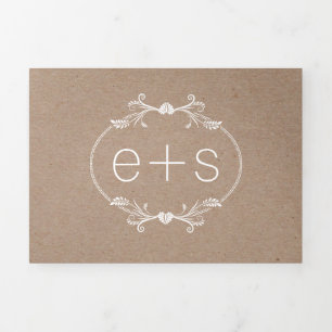 Invitation Trois Volets Cadre et initiales monogramme mariage papier kraft
