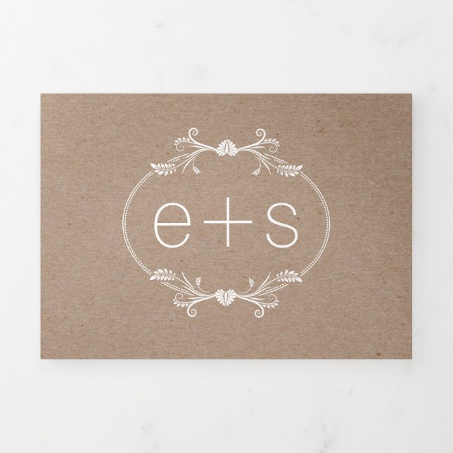 Invitation Trois Volets Cadre et initiales monogramme mariage papier kraft (Page de couverture)