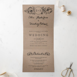 Invitation Trois Volets Cadre fleuri en carton Kraft avec initiales mariag