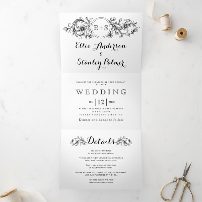 Invitation Trois Volets Cadre floral noir et blanc avec mariage des initia (Intérieur)