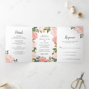 Invitation Trois Volets Cadre Floral Rose Élégant Mariage