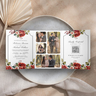 Invitation Trois Volets Cadre Floral Roses Rouges tout en un Mariage Code 