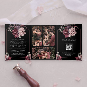 Invitation Trois Volets Cadre floral sombre et mystérieux avec code QR noi