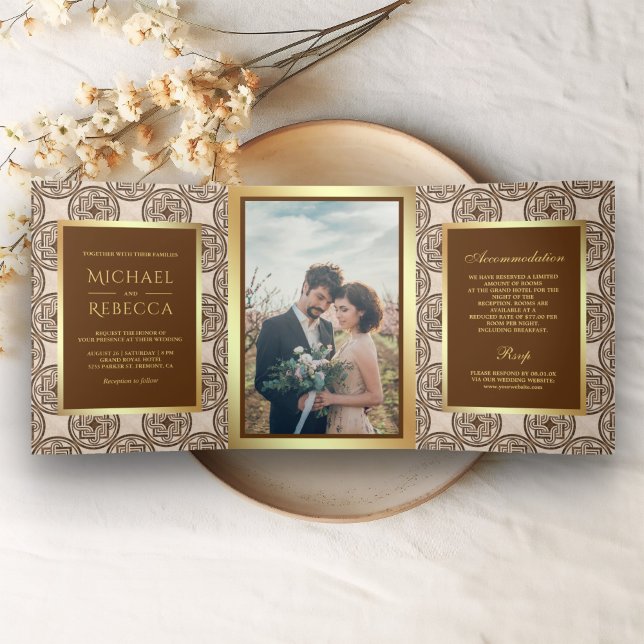 Invitation Trois Volets Carreaux Brown Motif Faux Gold Foil Mariage photo (Créateur téléchargé)