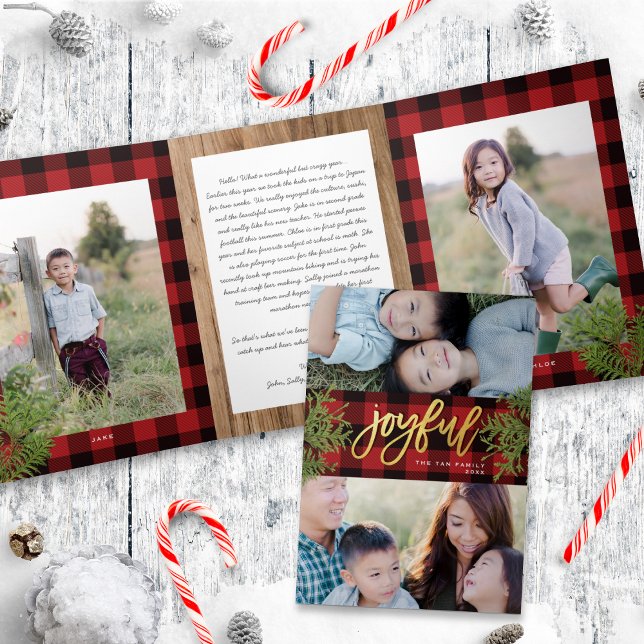 Invitation Trois Volets Carte photo Cosy Chic Rouge Plaid Gold Christmas (Créateur téléchargé)