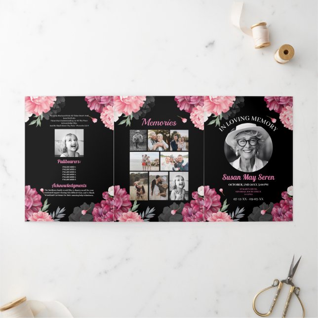 Invitation Trois Volets Célébration de la nécrologie Vie Photo Pink Floral (Extérieur)