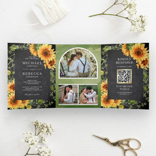 Invitation Trois Volets Chalkboard Sunflowers Photo Arch Code QR Mariage