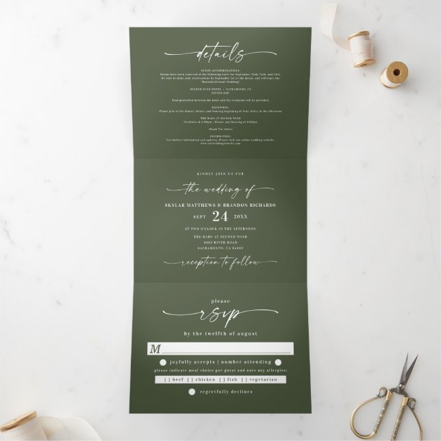 Invitation Trois Volets Chasseur minimal simple Mariage budget vert foncé (Intérieur)