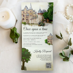 Invitation Trois Volets Château de Conte de Fées Rustique Code QR Mariage