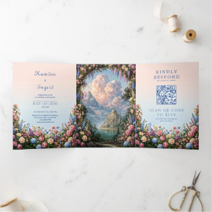 Invitation Trois Volets Château de Mariage Montagnard au Conte de Fées à G