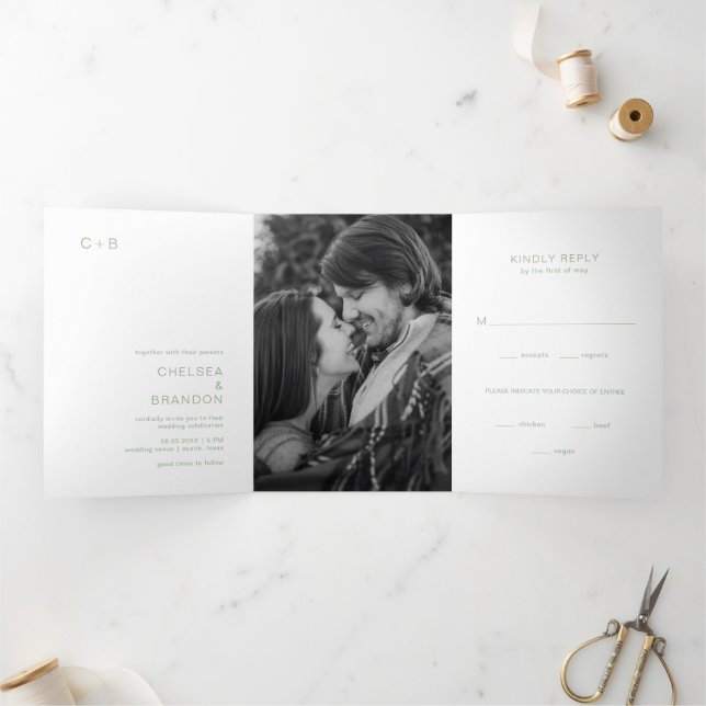 Invitation Trois Volets Chelsea Sage Vert Mariage moderne (Intérieur)