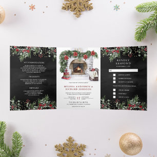 Invitation Trois Volets Cheminée Noël Fleurs de Poinsettia Rouge Mariage N