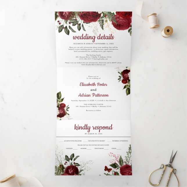 Invitation Trois Volets Chic Bourgogne & Blanc Floral Élégant Mariage (Intérieur)
