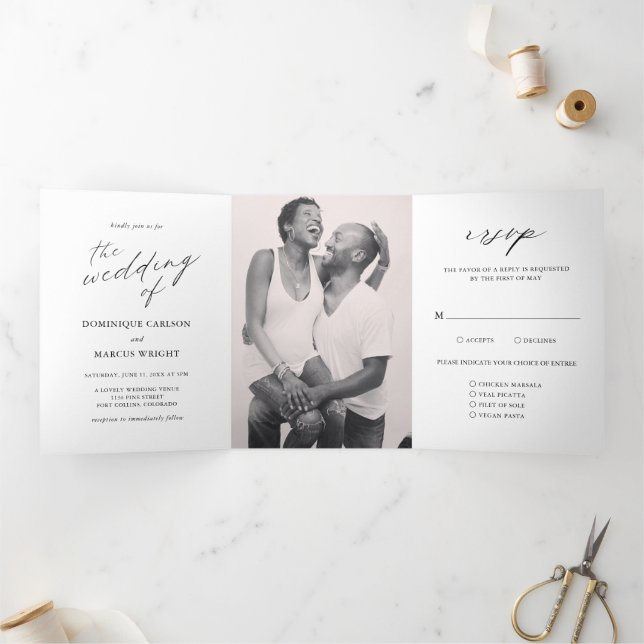 Invitation Trois Volets Chic Calligraphie Simple Photo Mariage élégant (Intérieur)