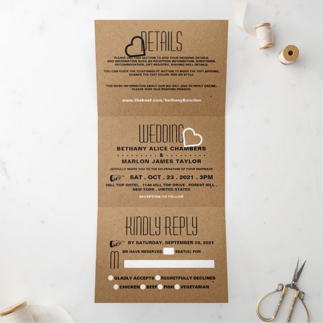 Invitation Trois Volets Chic Heart, Kraft Effet Mariage Suite (Intérieur)