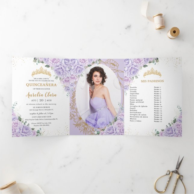 Invitation Trois Volets Chic Purple Lilac Roses Floral Quinceañera Photos (Intérieur)