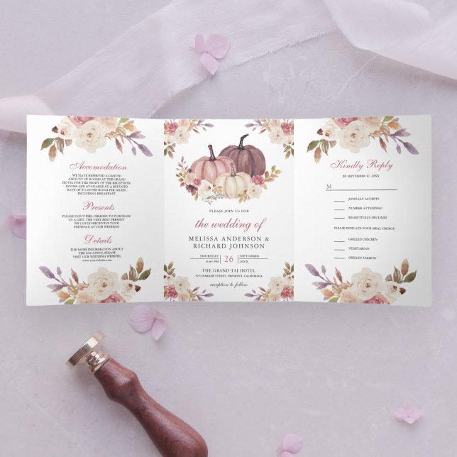 Invitation Trois Volets Citrouille rose Dusty Rose et Mariage floral ivoir (Créateur téléchargé)