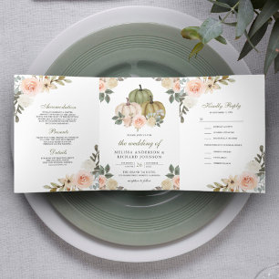 Invitation Trois Volets Citrouille vert Sage et Mariage floral Dusty Peach