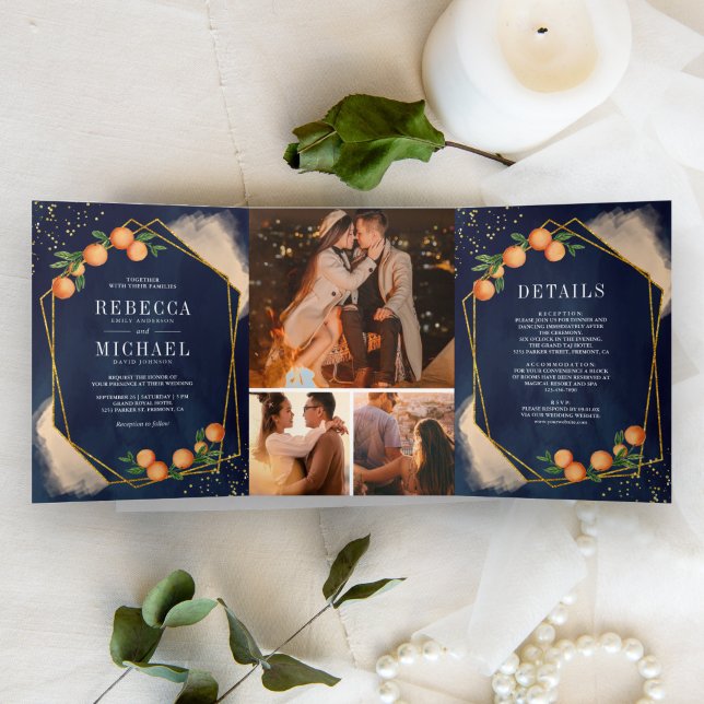 Invitation Trois Volets Citrus Orange Gold Navy Blue Photo Collage Mariage (Créateur téléchargé)