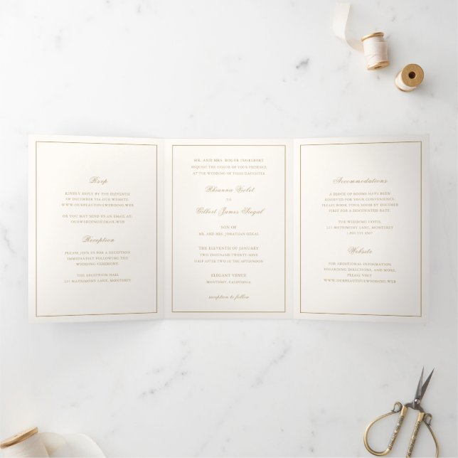 Invitation Trois Volets Classic Border Ivory and Gold Timeless Wedding (Intérieur)