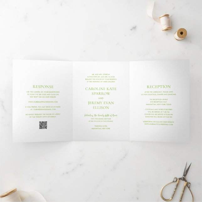 Invitation Trois Volets Clean Lime Green QR Code Mariage élégant (Intérieur)