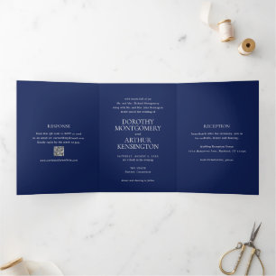Invitation Trois Volets Code QR Bleu Marine Élégant Mariage Moderne