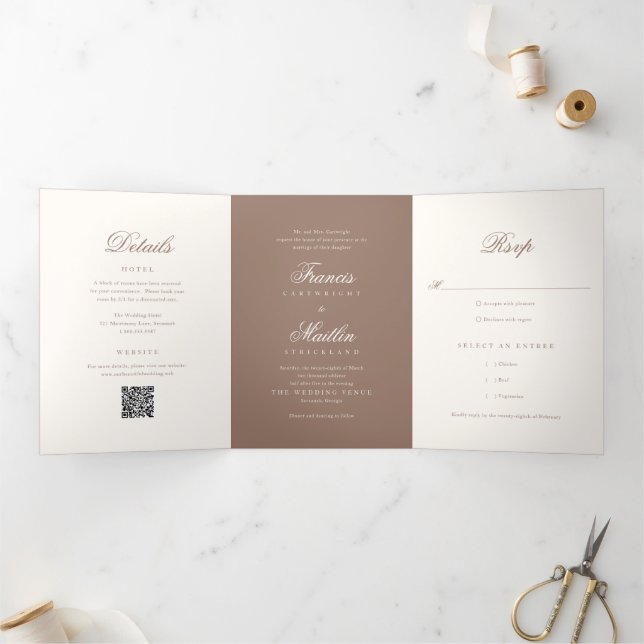 Invitation Trois Volets Code QR Brun Romantique Élégant Mariage (Intérieur)