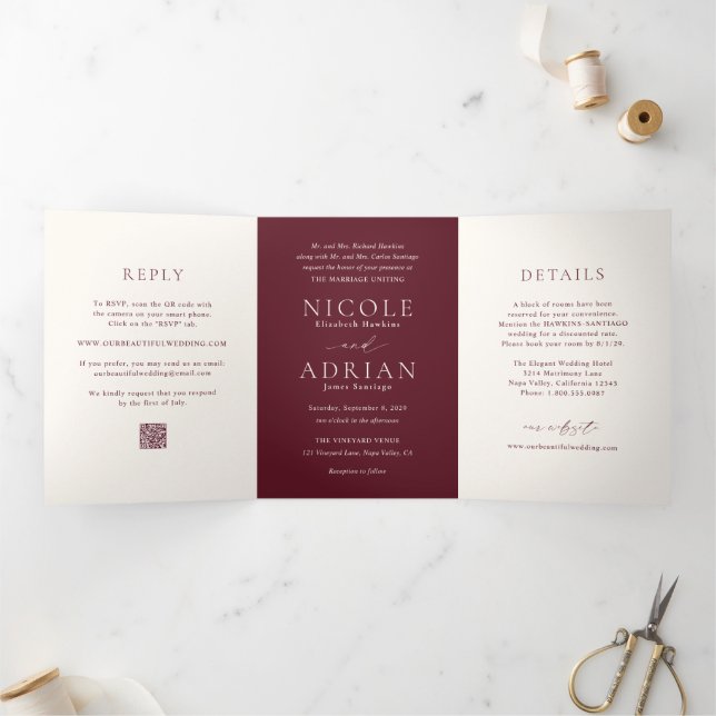 Invitation Trois Volets Code QR de Bourgogne classique Mariage élégant (Intérieur)