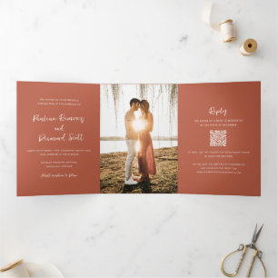 Invitation Trois Volets Code QR de cuivre moderne Mariage simple