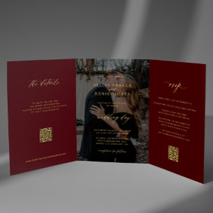 Invitation Trois Volets Code QR de détails de RSVP de photo de mariage en