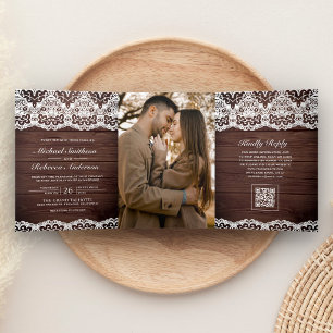 Invitation Trois Volets Code QR de la dentelle de campagne en bois de gran