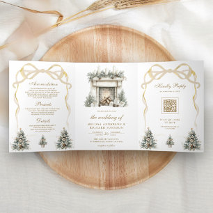 Invitation Trois Volets Code QR de l'arc de cheminée de Noël Ivory Gold po