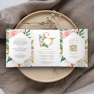 Invitation Trois Volets Code QR de mariage à fleurs rose blush et esperlue
