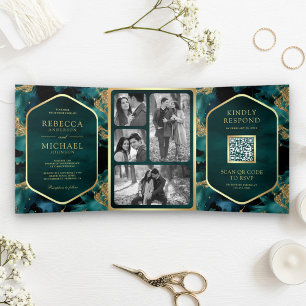 Invitation Trois Volets Code QR de mariage à l'encre fluide abstraite or s
