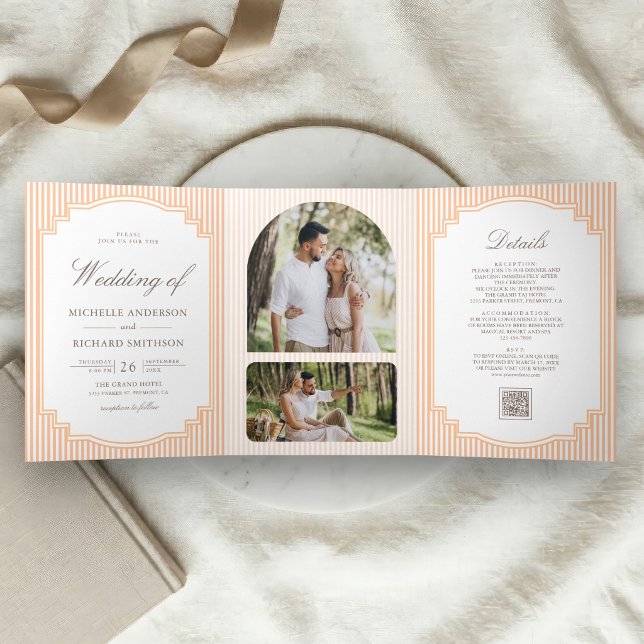 Invitation Trois Volets Code QR de mariage classique rayé orange (Créateur téléchargé)