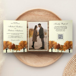 Invitation Trois Volets Code QR de mariage forêt d'automne arbres d'automn
