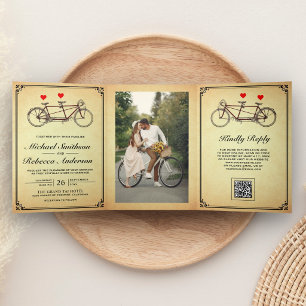 Invitation Trois Volets Code QR de photo de bicyclette en tandem vintage m