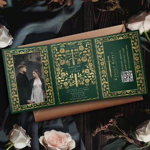 Invitation Trois Volets Code QR du Mariage d'épée médiévale verte