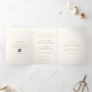 Invitation Trois Volets Code QR élégant mariage moderne ivoire et or