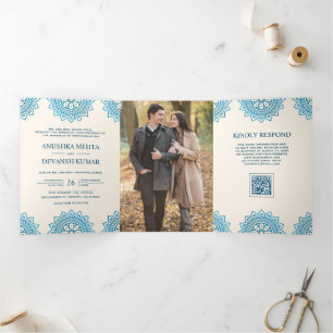 Invitation Trois Volets Code QR Ethnique Mandala Bleu Ivoire Mariage Indie