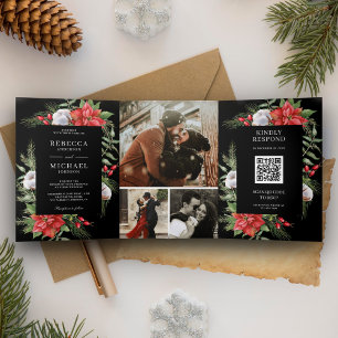 Invitation Trois Volets Code QR Euphorbe rustique Noël Mariage Noir