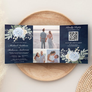 Invitation Trois Volets Code QR Floral Bleu Poussiéreux Mariage Navy