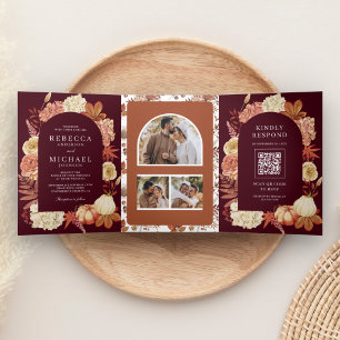 Invitation Trois Volets Code QR Floral Citrouille en Terracotta Mariage Bo