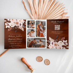 Invitation Trois Volets Code QR Floral Ivoire Terreux Mariage Terracotta