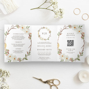 Invitation Trois Volets Code QR Floral Magnolia Blanc Rustique Mariage