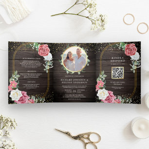 Invitation Trois Volets Code QR Floral Mariage Bois Rustique Bohème Roses 