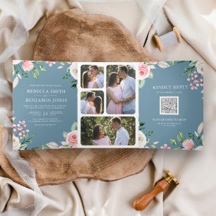 Invitation Trois Volets Code QR Floral Rose Pâle Bleu Poussiéreux Mariage